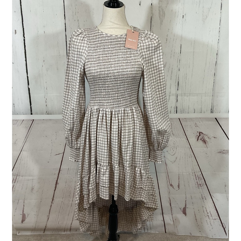 Maggie Sweet Hi Low Maxi Dress‎ M Plaid Milkmaid Cottage Country Peasant Cowgirl